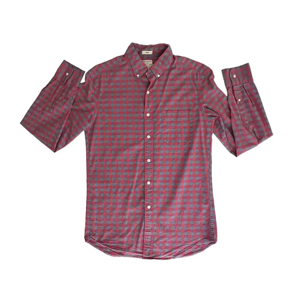 ReImagined J Crew Mens Slim Fit Flannel Shirt Size Small Red Blue‎ Plaid Stretch